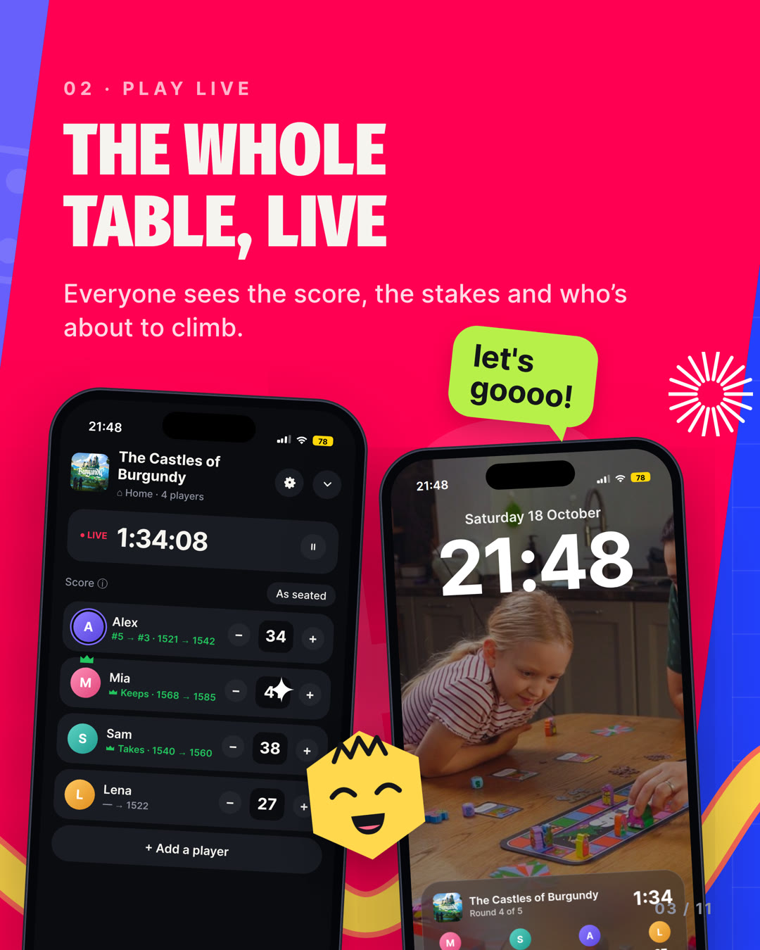 The whole table, live: everyone sees the score, the stakes and who is about to climb